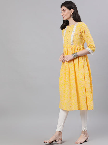 Women Yellow Front Yoke Lace Detail Printed Dress | LASVINI - Redefining Indian Fashion with Elegance