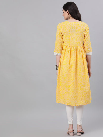 Women Yellow Front Yoke Lace Detail Printed Dress | LASVINI - Redefining Indian Fashion with Elegance