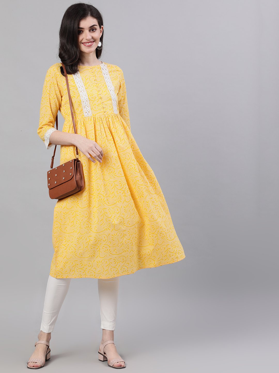 Women Yellow Front Yoke Lace Detail Printed Dress | LASVINI - Redefining Indian Fashion with Elegance