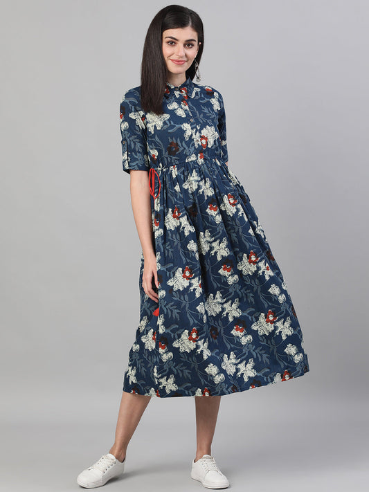 Women Black And Multi Tie-Up Neck A-Line Dress With Flared Sleeves | LASVINI - Redefining Indian Fashion with Elegance