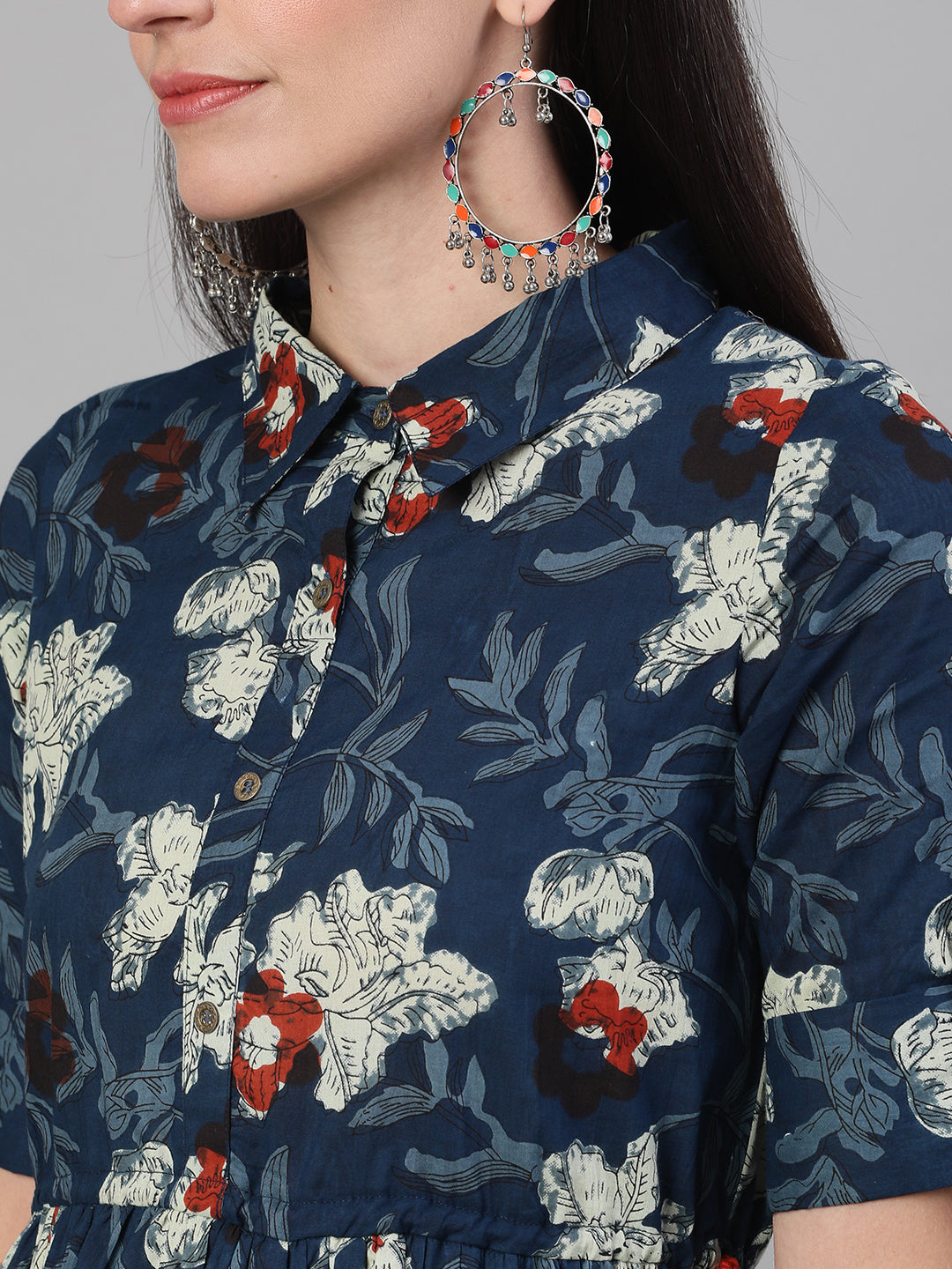 Women Black And Multi Tie-Up Neck A-Line Dress With Flared Sleeves | LASVINI - Redefining Indian Fashion with Elegance