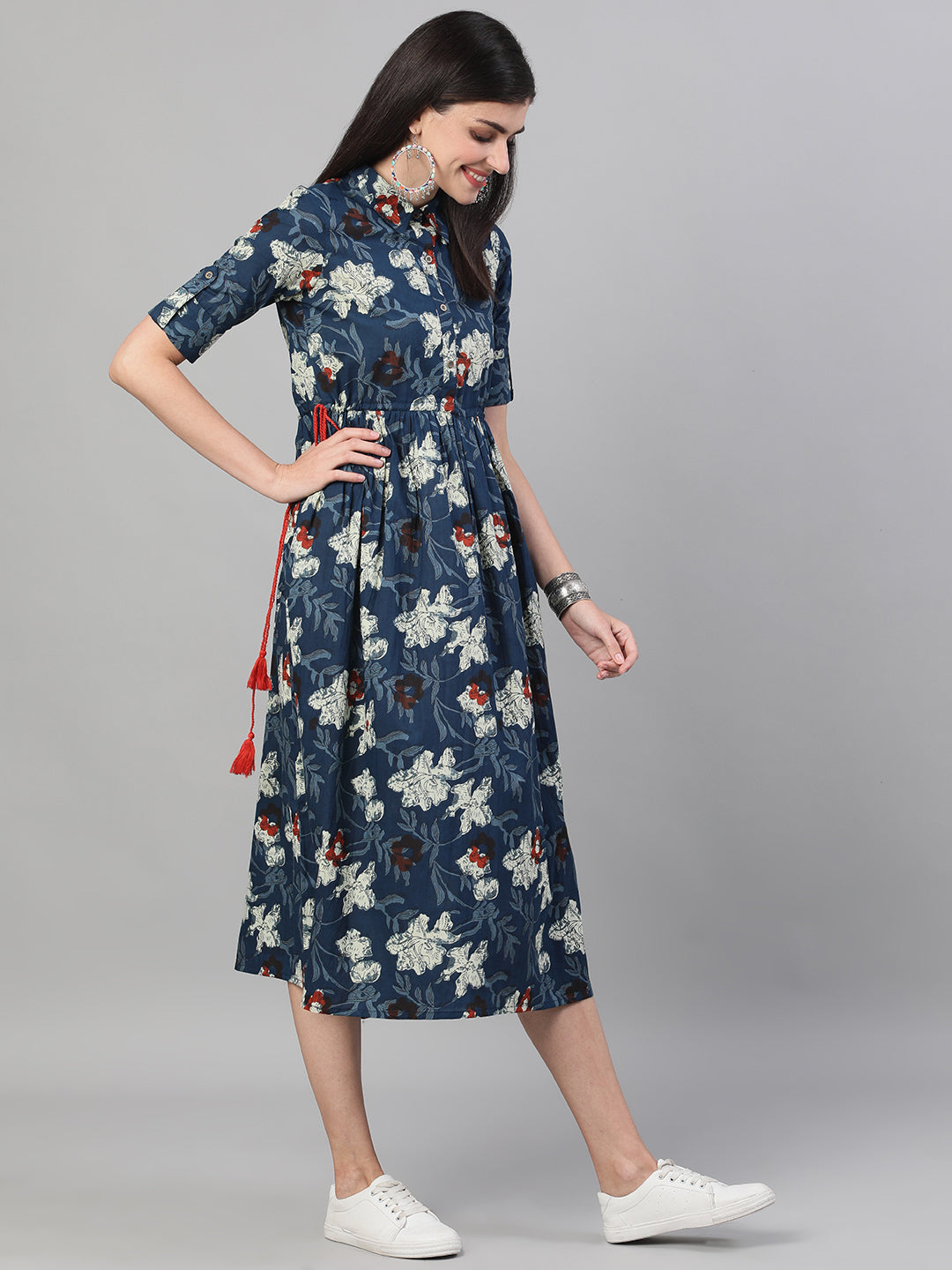 Women Black And Multi Tie-Up Neck A-Line Dress With Flared Sleeves | LASVINI - Redefining Indian Fashion with Elegance