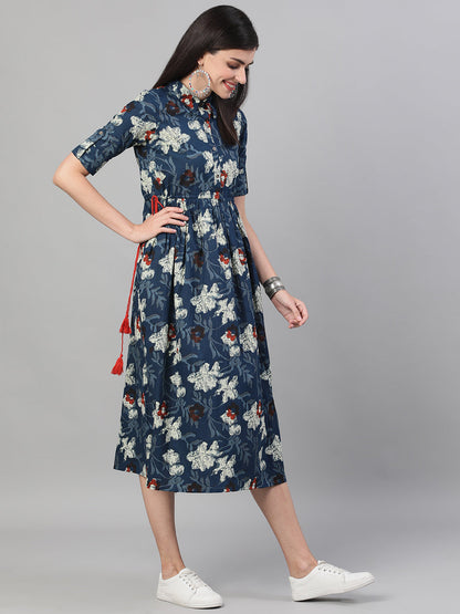 Women Black And Multi Tie-Up Neck A-Line Dress With Flared Sleeves | LASVINI - Redefining Indian Fashion with Elegance