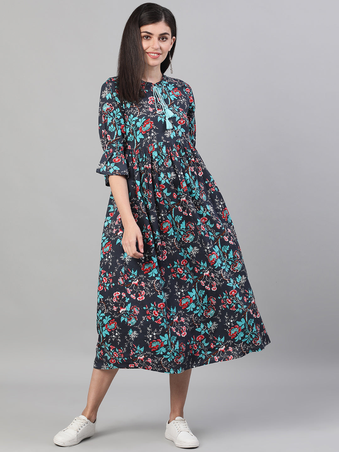 Women Indigo And Maroon Shirt Collar Fit & Flare Dress With Cuffed Sleeves | LASVINI - Redefining Indian Fashion with Elegance