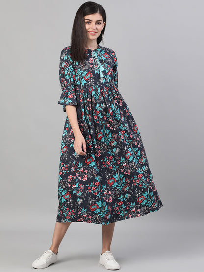 Women Indigo And Maroon Shirt Collar Fit & Flare Dress With Cuffed Sleeves | LASVINI - Redefining Indian Fashion with Elegance