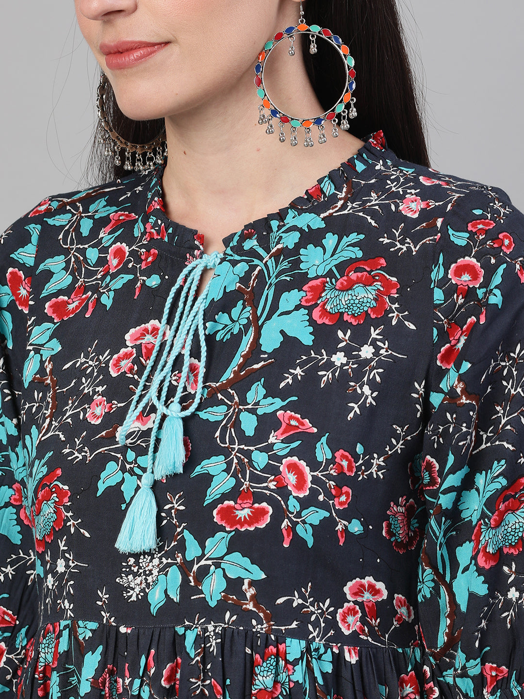 Women Indigo And Maroon Shirt Collar Fit & Flare Dress With Cuffed Sleeves | LASVINI - Redefining Indian Fashion with Elegance