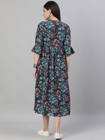 Women Indigo And Maroon Shirt Collar Fit & Flare Dress With Cuffed Sleeves | LASVINI - Redefining Indian Fashion with Elegance