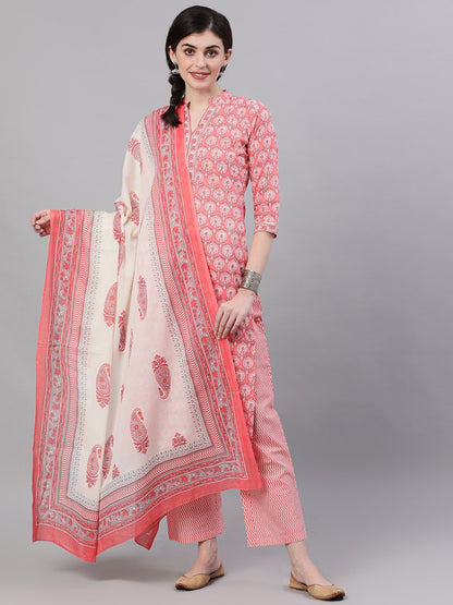 Women Pink Three-Quarter Sleeves Straight Kurta Palazzo With Dupatta | LASVINI - Redefining Indian Fashion with Elegance