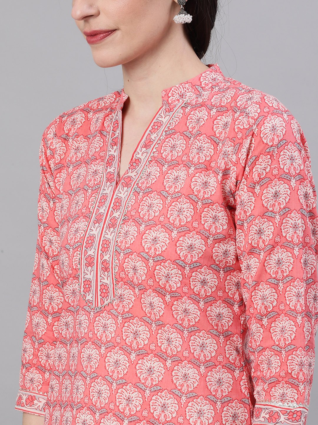 Women Pink Three-Quarter Sleeves Straight Kurta Palazzo With Dupatta | LASVINI - Redefining Indian Fashion with Elegance