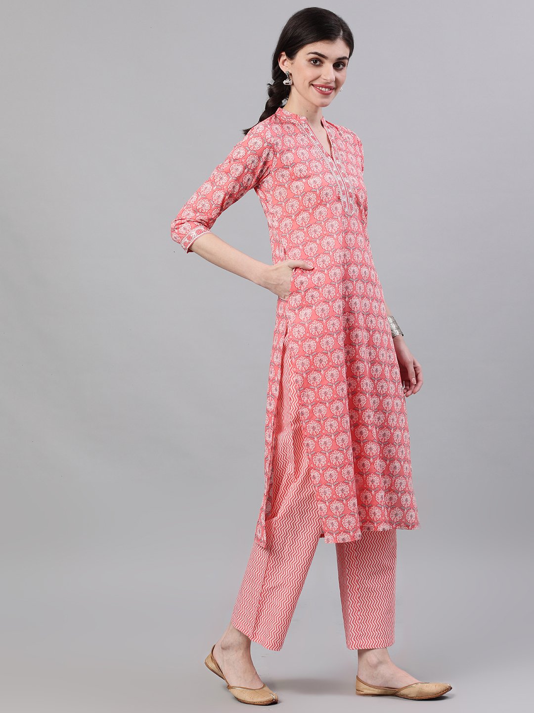 Women Pink Three-Quarter Sleeves Straight Kurta Palazzo With Dupatta | LASVINI - Redefining Indian Fashion with Elegance