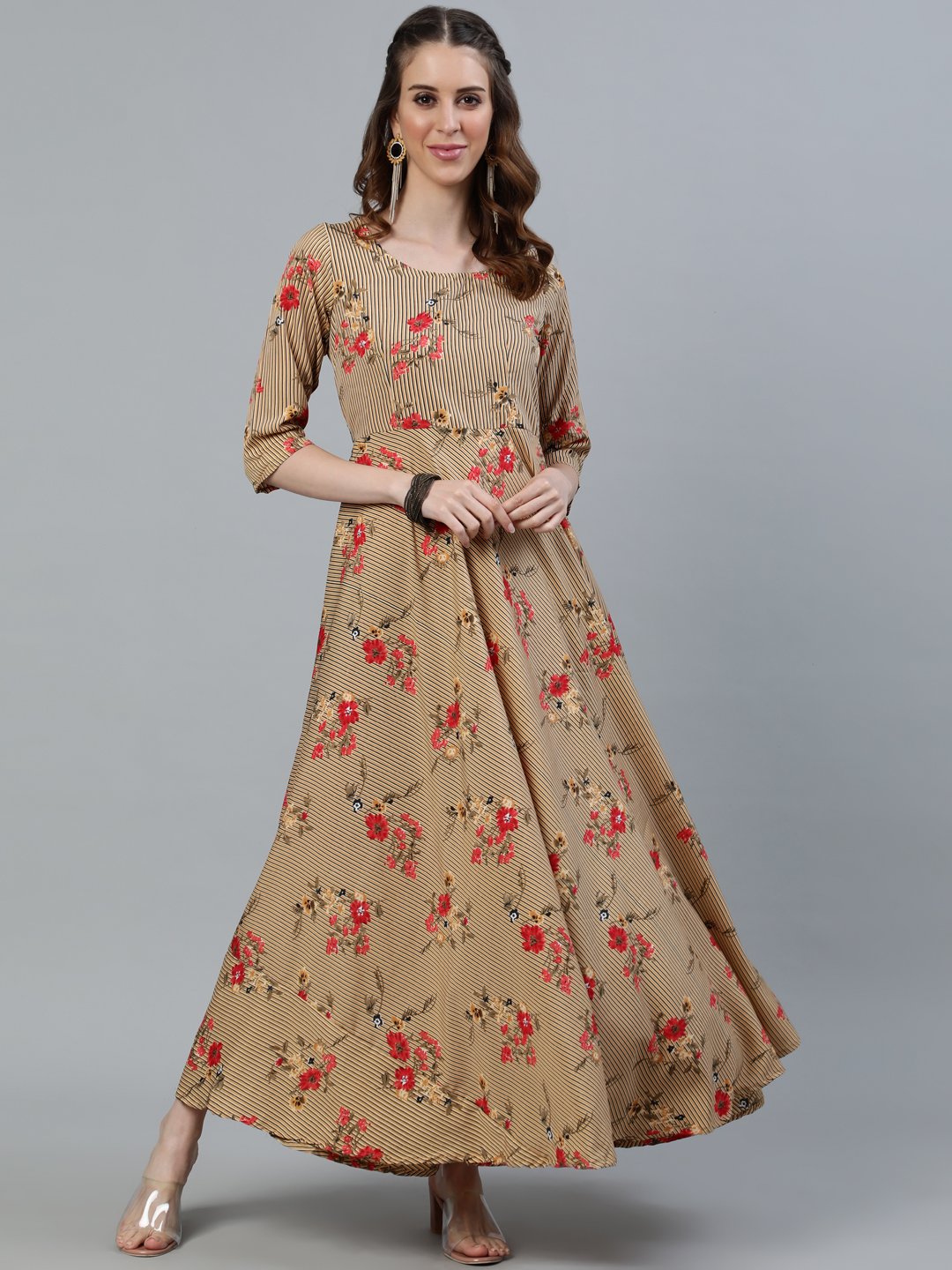 Women Beige Printed Maxi Dress With Three Quarter Sleeves | LASVINI - Redefining Indian Fashion with Elegance