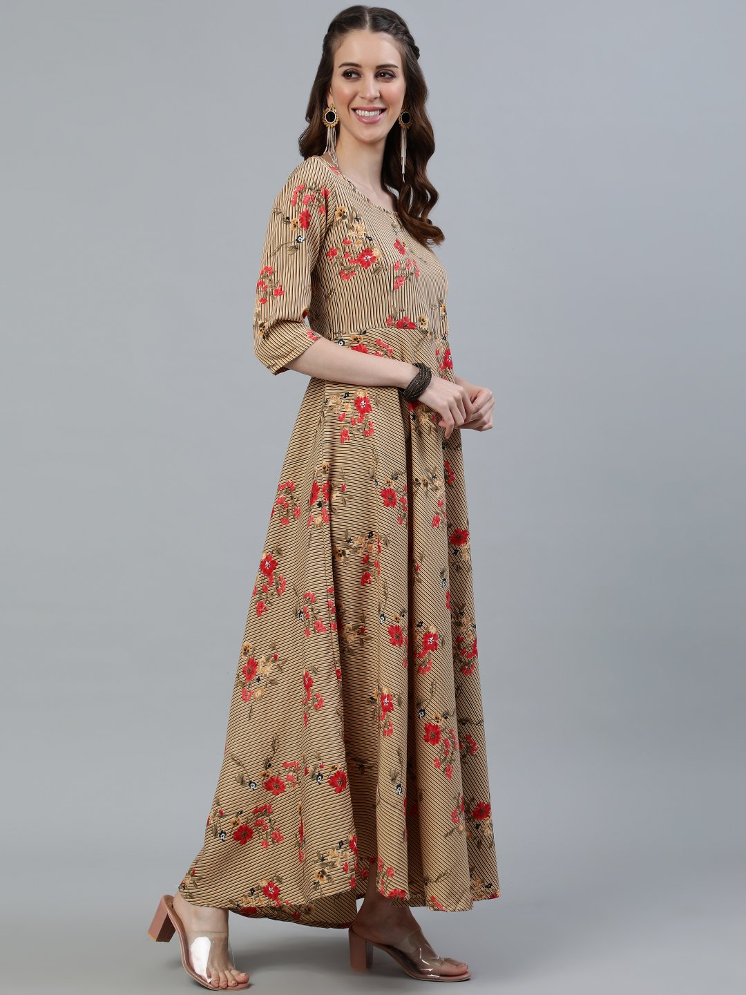 Women Beige Printed Maxi Dress With Three Quarter Sleeves | LASVINI - Redefining Indian Fashion with Elegance