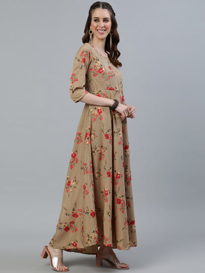 Women Beige Printed Maxi Dress With Three Quarter Sleeves | LASVINI - Redefining Indian Fashion with Elegance