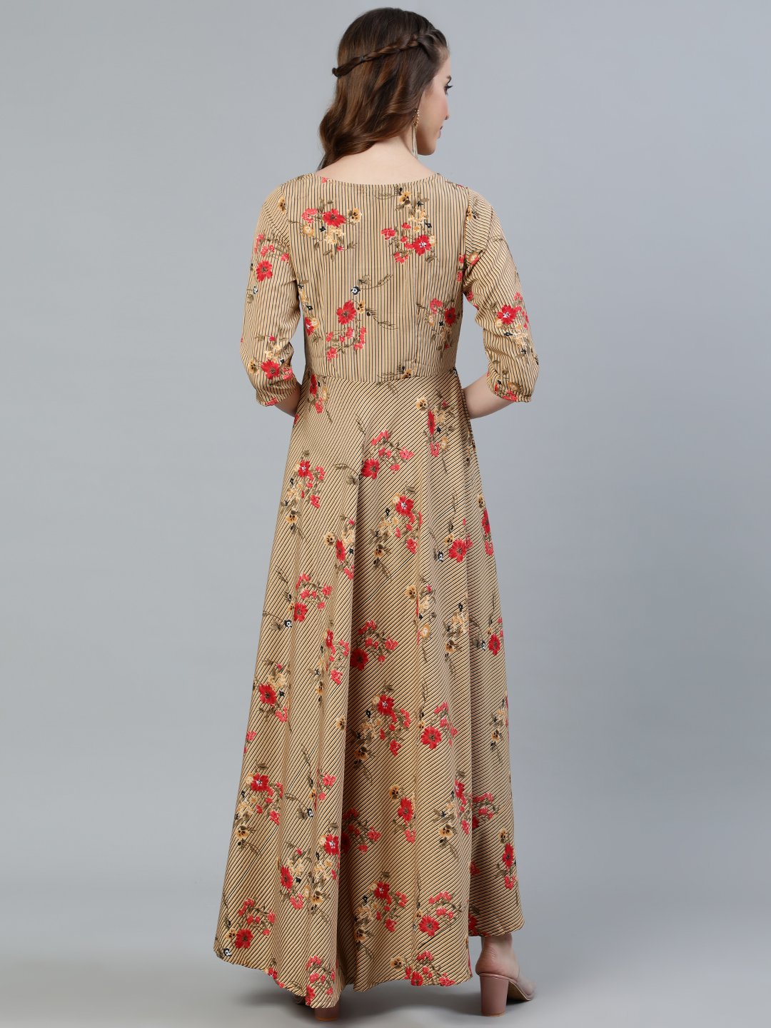 Women Beige Printed Maxi Dress With Three Quarter Sleeves | LASVINI - Redefining Indian Fashion with Elegance