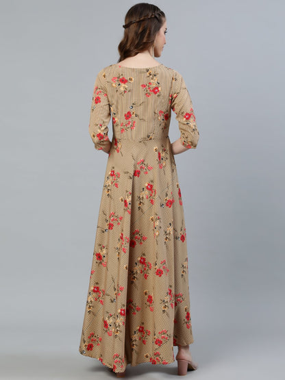Women Beige Printed Maxi Dress With Three Quarter Sleeves | LASVINI - Redefining Indian Fashion with Elegance
