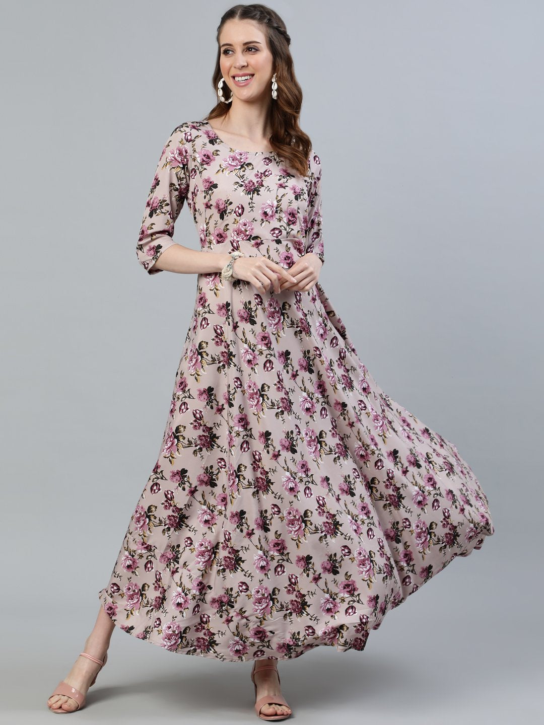 Women Purple Floral Printed Maxi Dress With Three Quarter Sleeves | LASVINI - Redefining Indian Fashion with Elegance