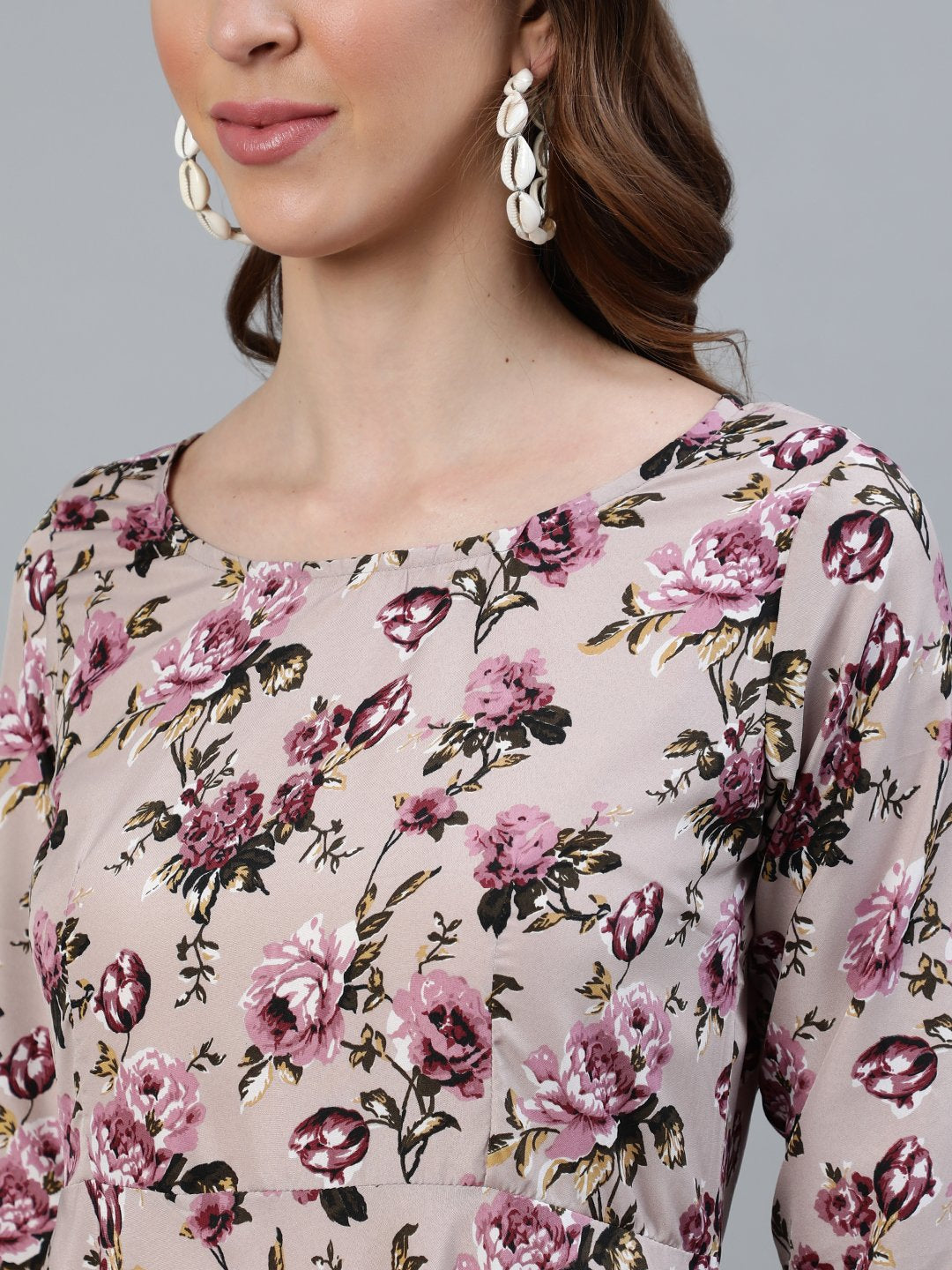 Women Purple Floral Printed Maxi Dress With Three Quarter Sleeves | LASVINI - Redefining Indian Fashion with Elegance