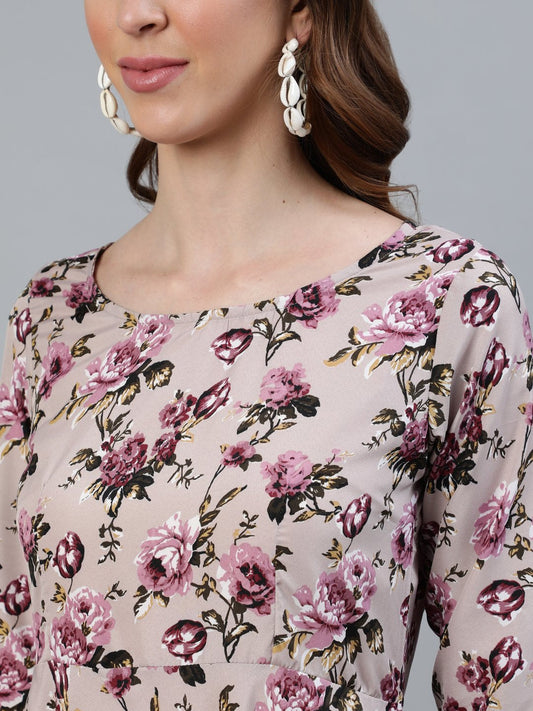 Women Purple Floral Printed Maxi Dress With Three Quarter Sleeves | LASVINI - Redefining Indian Fashion with Elegance