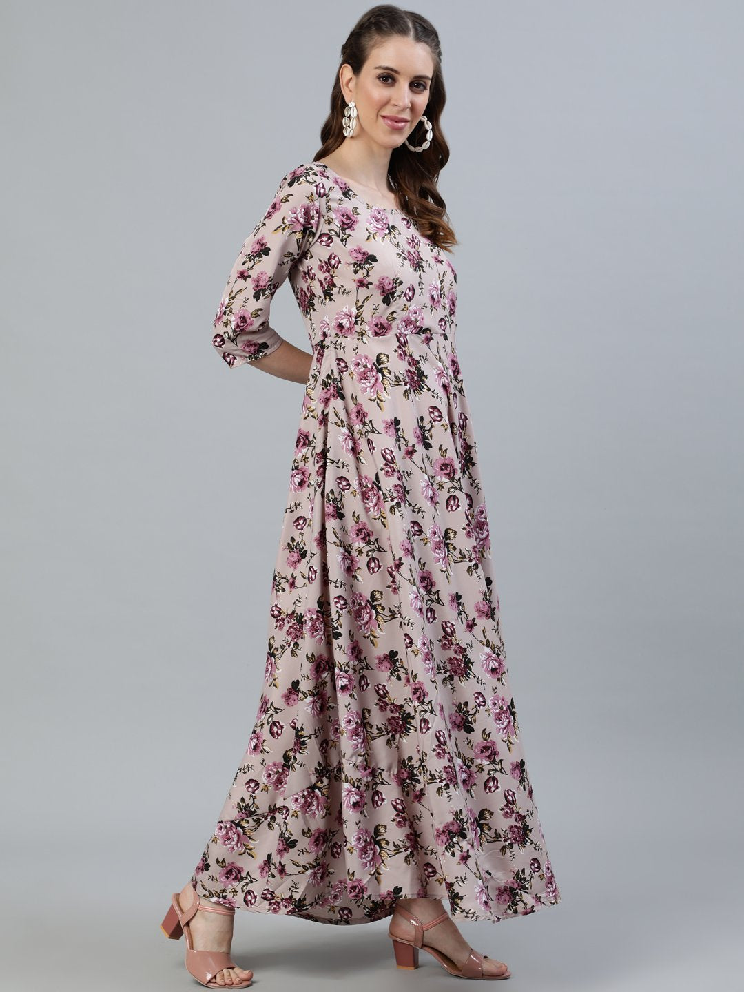 Women Purple Floral Printed Maxi Dress With Three Quarter Sleeves | LASVINI - Redefining Indian Fashion with Elegance