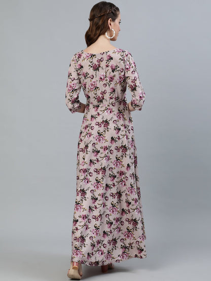 Women Purple Floral Printed Maxi Dress With Three Quarter Sleeves | LASVINI - Redefining Indian Fashion with Elegance