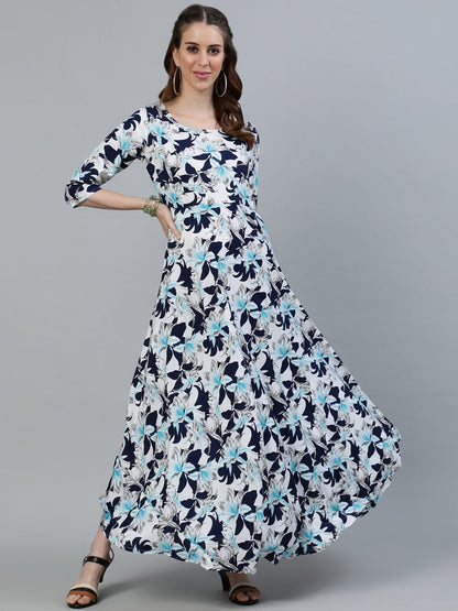 Women Blue Floral Printed Maxi Dress With Three Quarter Sleeves | LASVINI - Redefining Indian Fashion with Elegance