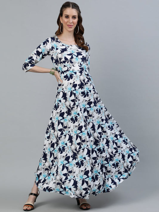 Women Blue Floral Printed Maxi Dress With Three Quarter Sleeves | LASVINI - Redefining Indian Fashion with Elegance