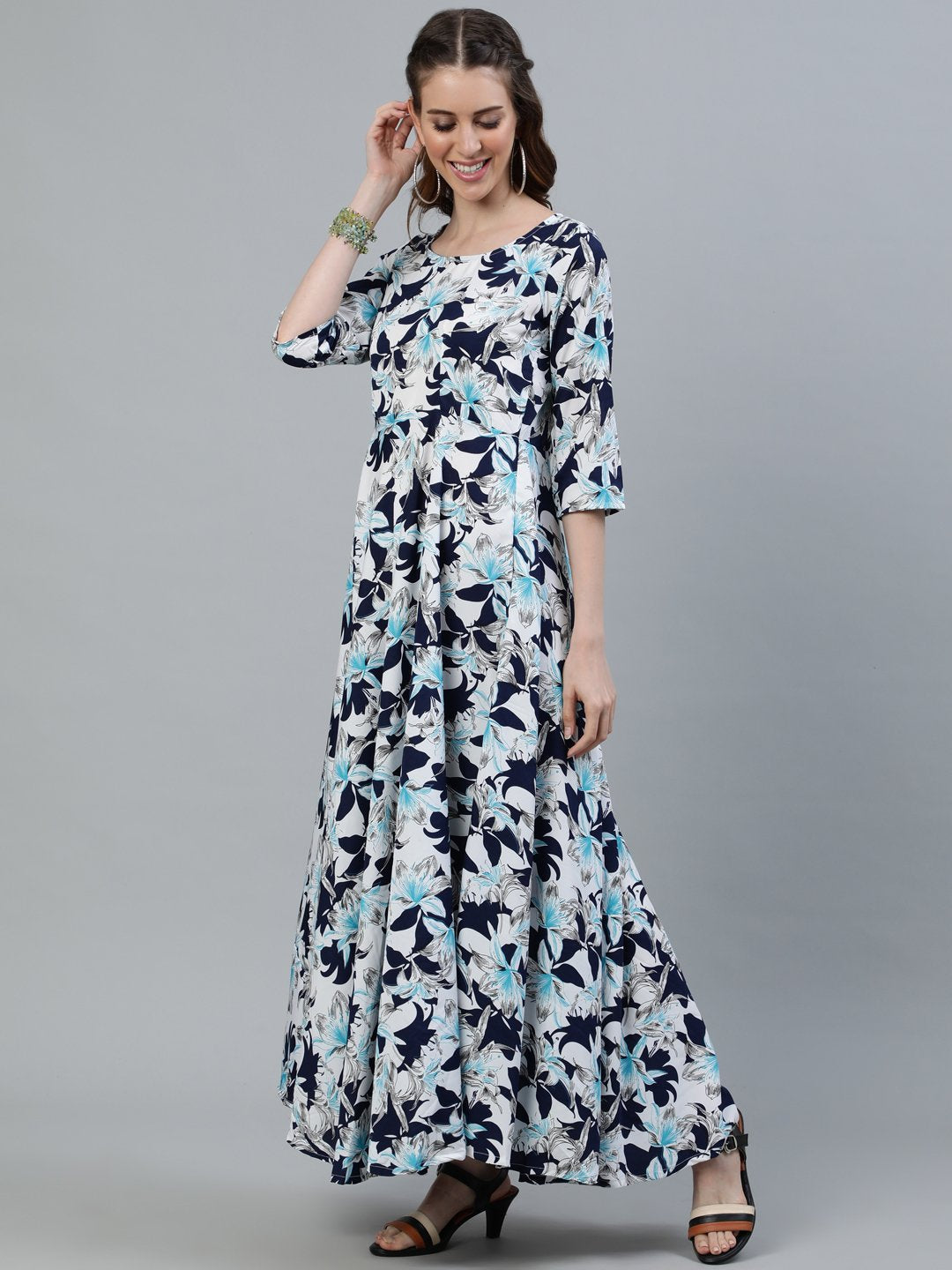 Women Blue Floral Printed Maxi Dress With Three Quarter Sleeves | LASVINI - Redefining Indian Fashion with Elegance