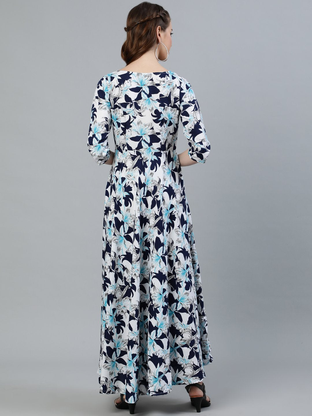Women Blue Floral Printed Maxi Dress With Three Quarter Sleeves | LASVINI - Redefining Indian Fashion with Elegance