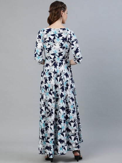 Women Blue Floral Printed Maxi Dress With Three Quarter Sleeves | LASVINI - Redefining Indian Fashion with Elegance