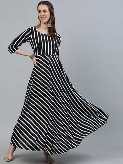 Women Black Striped Maxi Dress With Three Quarter Sleeves | LASVINI - Redefining Indian Fashion with Elegance