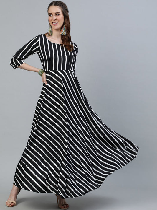 Women Black Striped Maxi Dress With Three Quarter Sleeves | LASVINI - Redefining Indian Fashion with Elegance