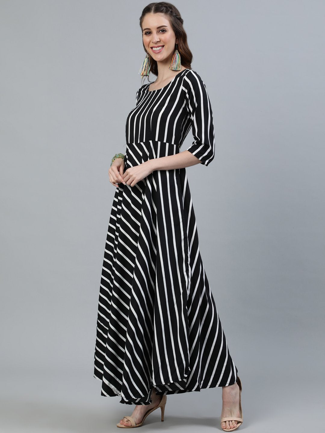 Women Black Striped Maxi Dress With Three Quarter Sleeves | LASVINI - Redefining Indian Fashion with Elegance