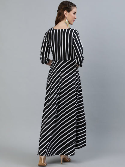 Women Black Striped Maxi Dress With Three Quarter Sleeves | LASVINI - Redefining Indian Fashion with Elegance