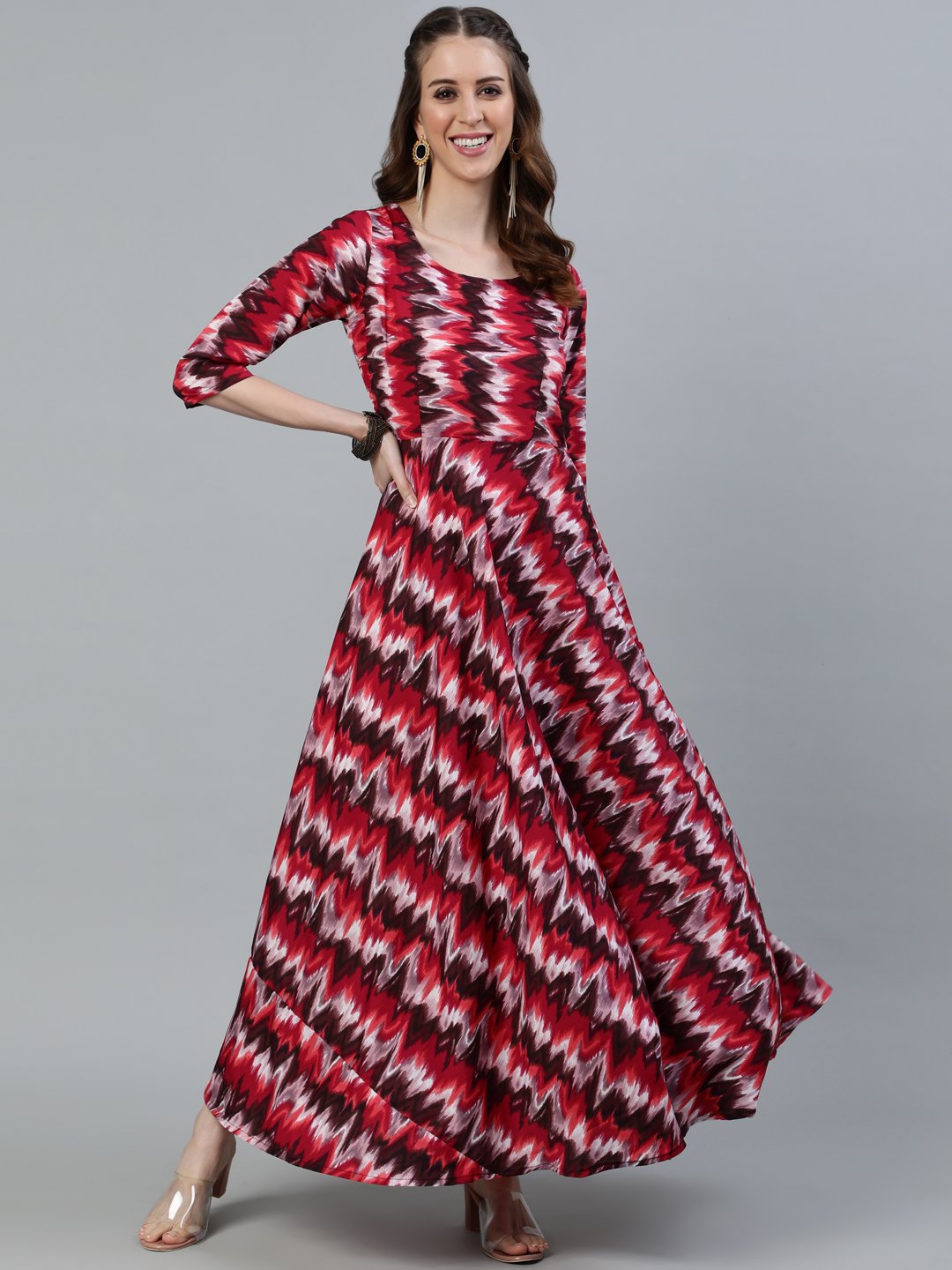 Women Pink Printed Maxi Dress With Three Quarter Sleeves | LASVINI - Redefining Indian Fashion with Elegance