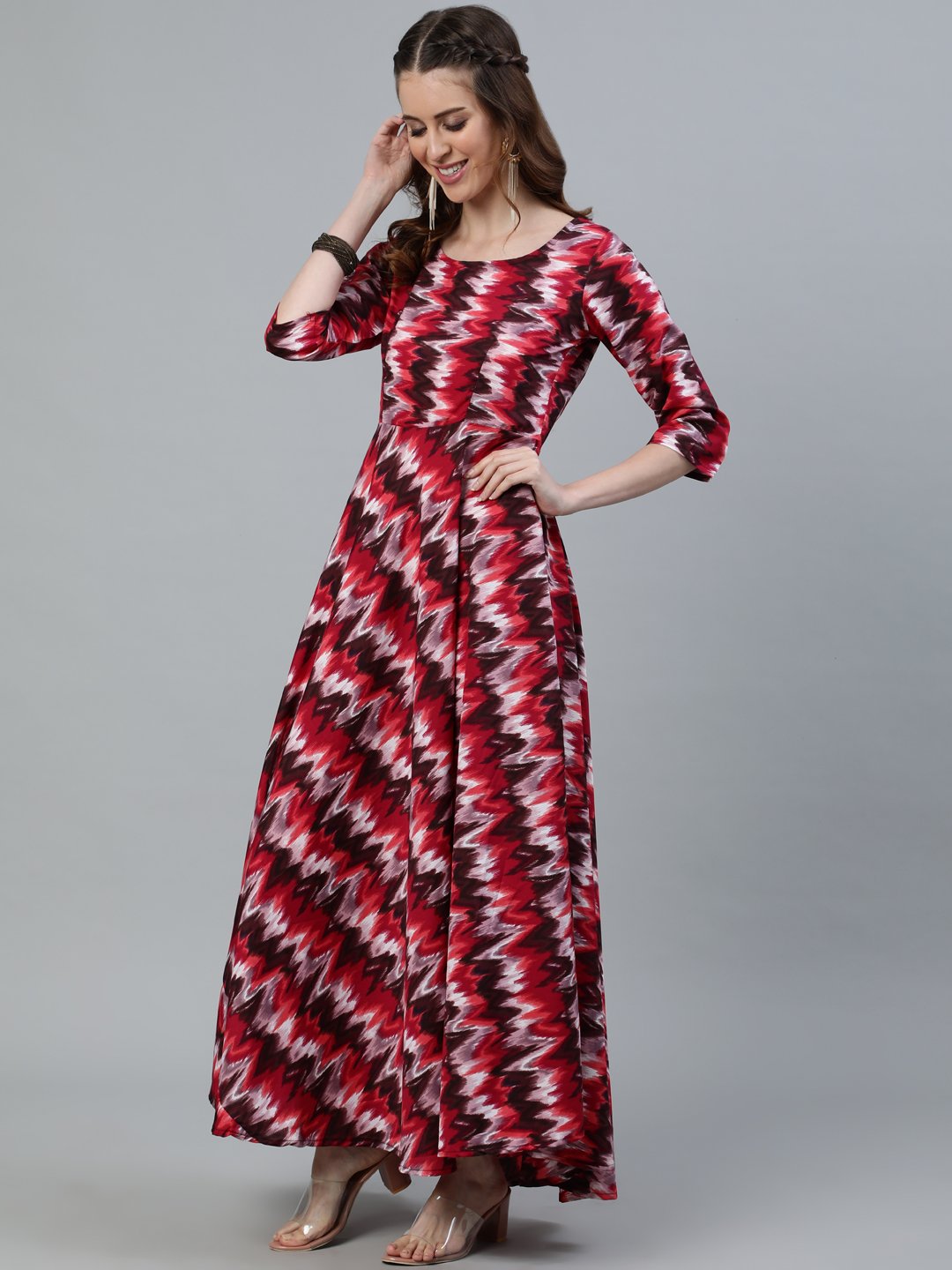 Women Pink Printed Maxi Dress With Three Quarter Sleeves | LASVINI - Redefining Indian Fashion with Elegance