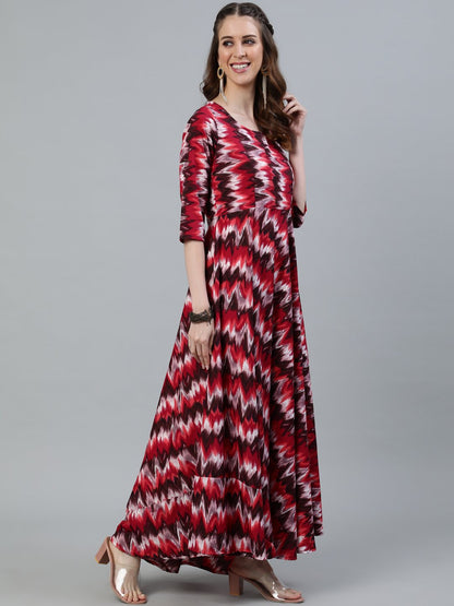 Women Pink Printed Maxi Dress With Three Quarter Sleeves | LASVINI - Redefining Indian Fashion with Elegance