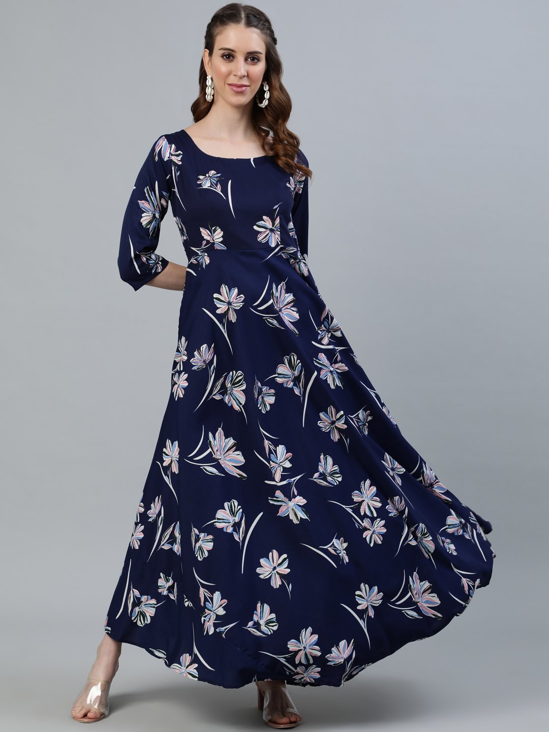 Women Navy Blue Floral Printed Maxi Dress With Three Quarter Sleeves | LASVINI - Redefining Indian Fashion with Elegance