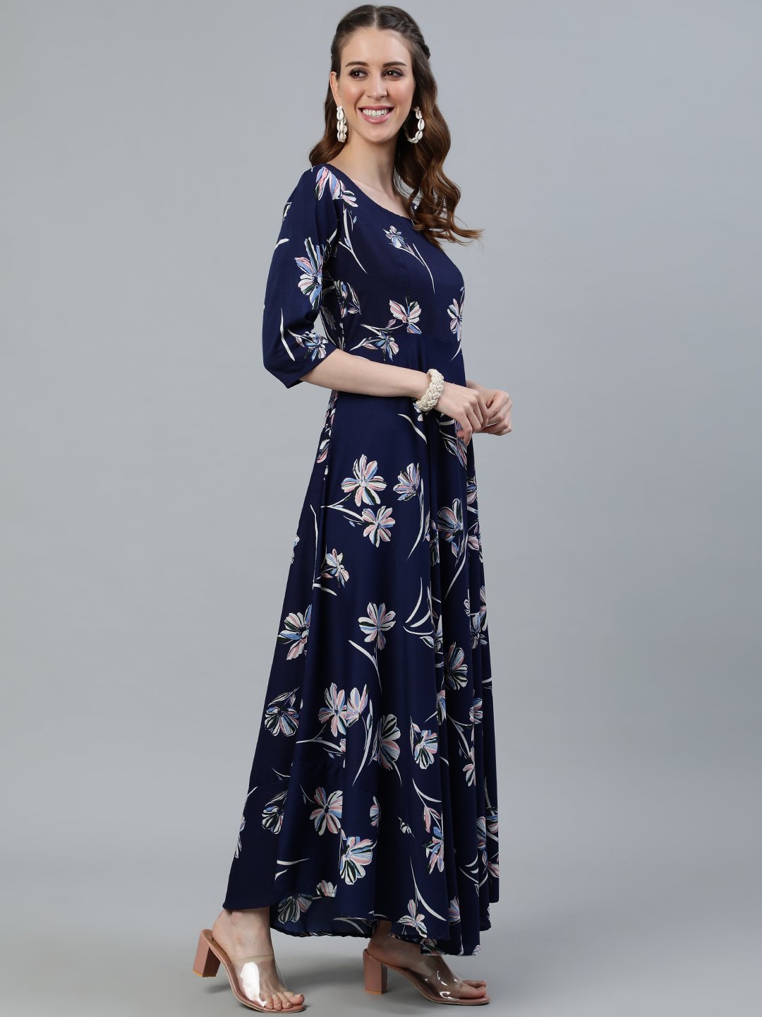 Women Navy Blue Floral Printed Maxi Dress With Three Quarter Sleeves | LASVINI - Redefining Indian Fashion with Elegance
