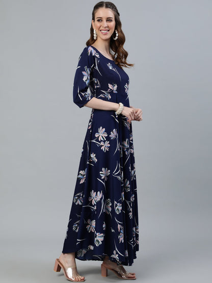 Women Navy Blue Floral Printed Maxi Dress With Three Quarter Sleeves | LASVINI - Redefining Indian Fashion with Elegance