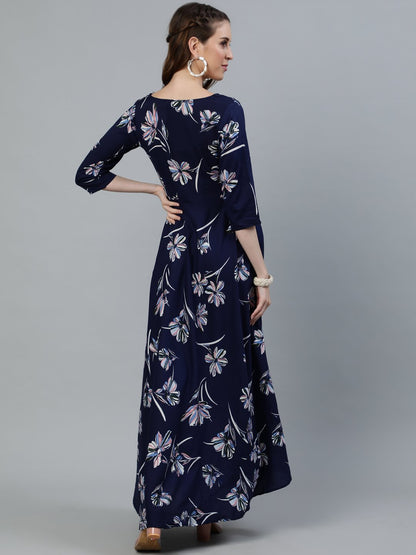 Women Navy Blue Floral Printed Maxi Dress With Three Quarter Sleeves | LASVINI - Redefining Indian Fashion with Elegance