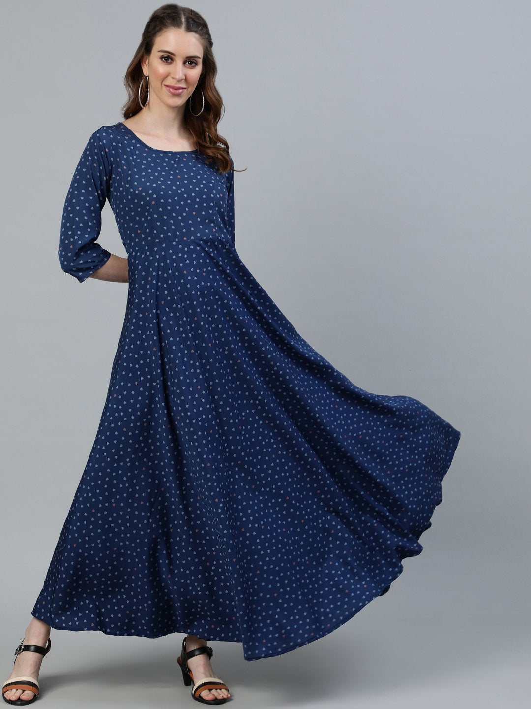 Women Blue Floral Printed Maxi Dress With Three Quarter Sleeves | LASVINI - Redefining Indian Fashion with Elegance