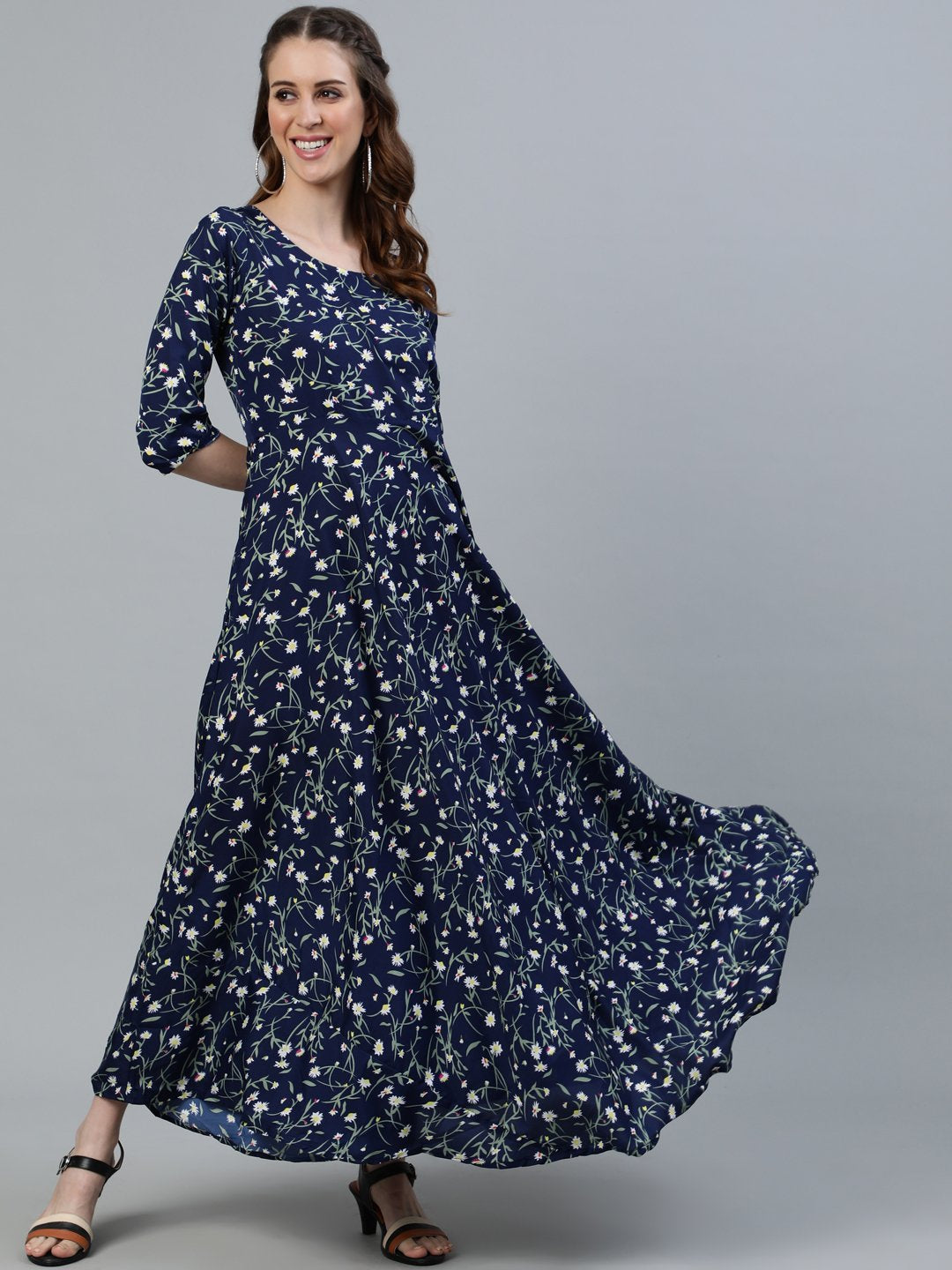 Women Navy Blue Floral Printed Maxi Dress With Three Quarter Sleeves | LASVINI - Redefining Indian Fashion with Elegance