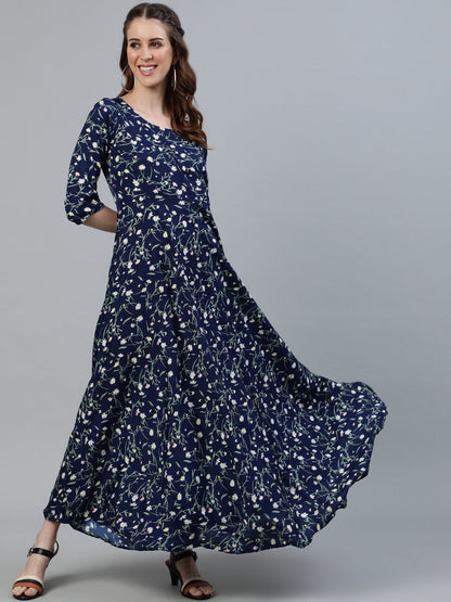 Women Navy Blue Floral Printed Maxi Dress With Three Quarter Sleeves | LASVINI - Redefining Indian Fashion with Elegance