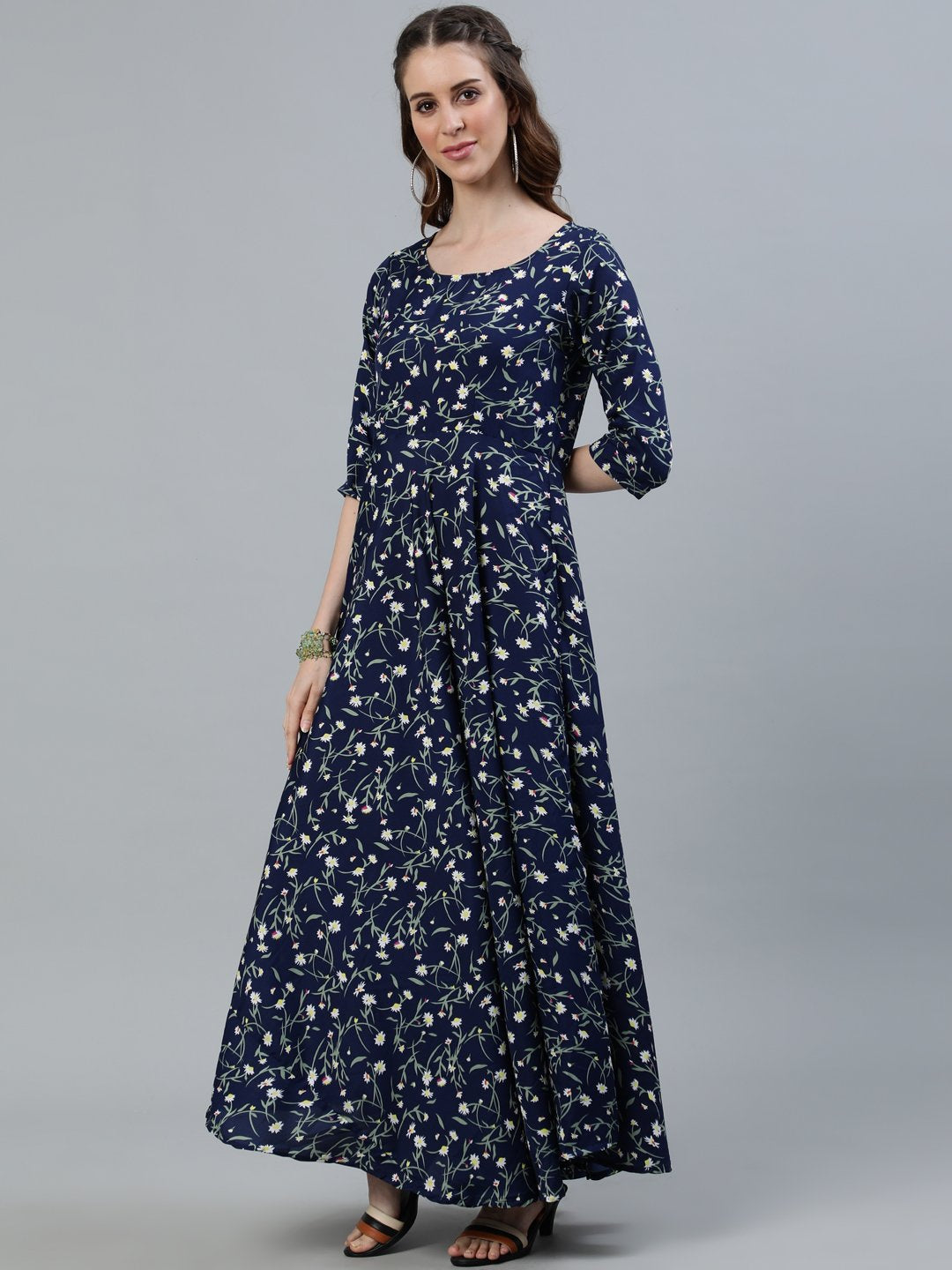 Women Navy Blue Floral Printed Maxi Dress With Three Quarter Sleeves | LASVINI - Redefining Indian Fashion with Elegance