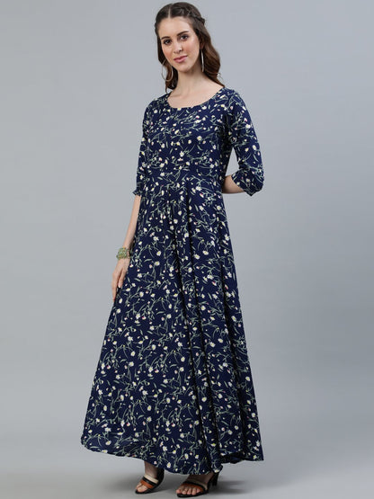 Women Navy Blue Floral Printed Maxi Dress With Three Quarter Sleeves | LASVINI - Redefining Indian Fashion with Elegance