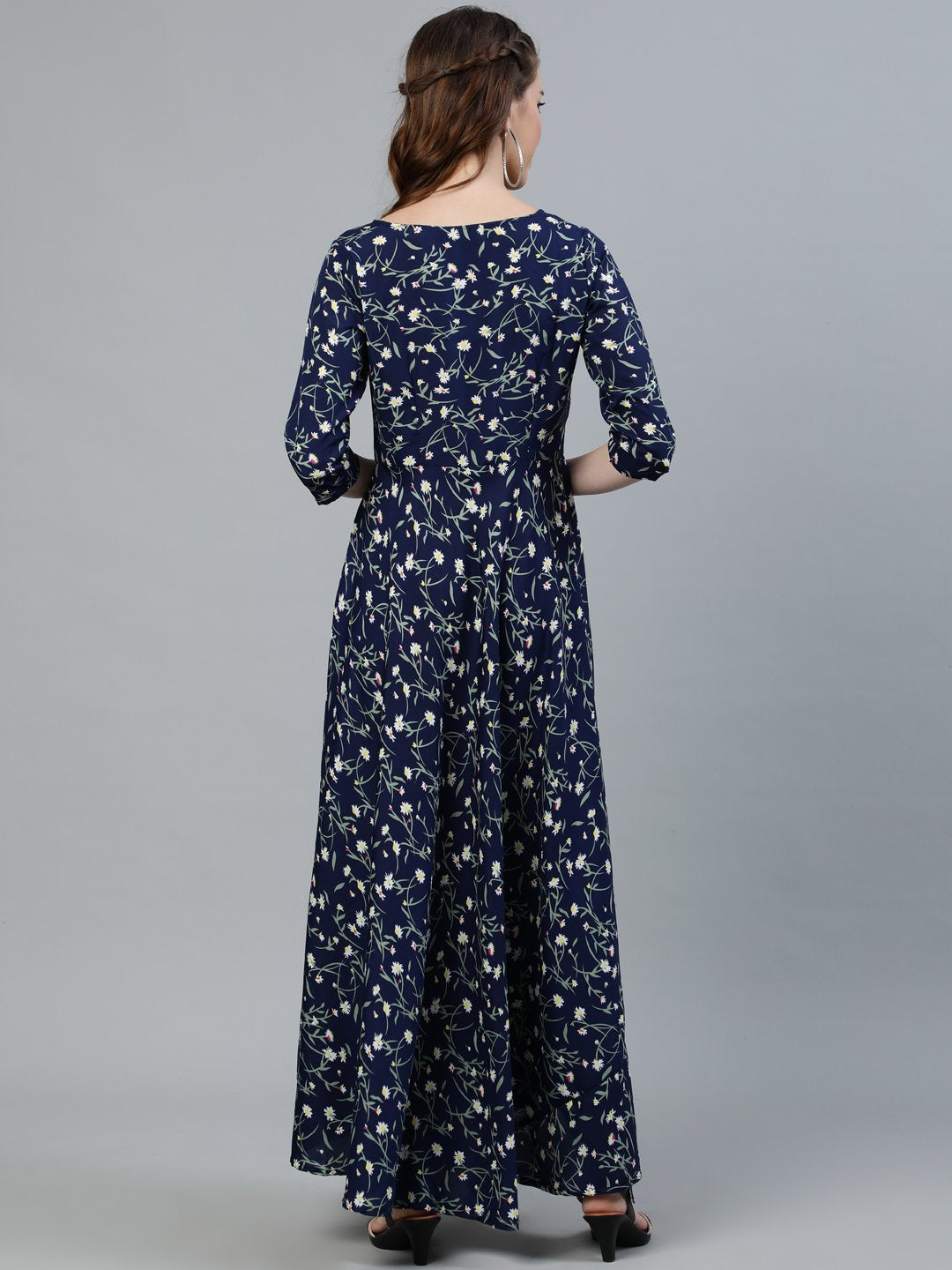 Women Navy Blue Floral Printed Maxi Dress With Three Quarter Sleeves | LASVINI - Redefining Indian Fashion with Elegance