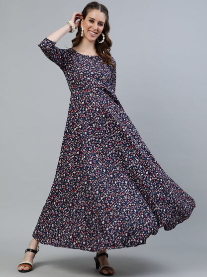 Women Blue Floral Printed Maxi Dress With Three Quarter Sleeves | LASVINI - Redefining Indian Fashion with Elegance