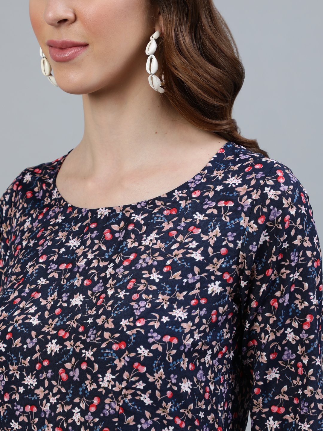 Women Blue Floral Printed Maxi Dress With Three Quarter Sleeves | LASVINI - Redefining Indian Fashion with Elegance