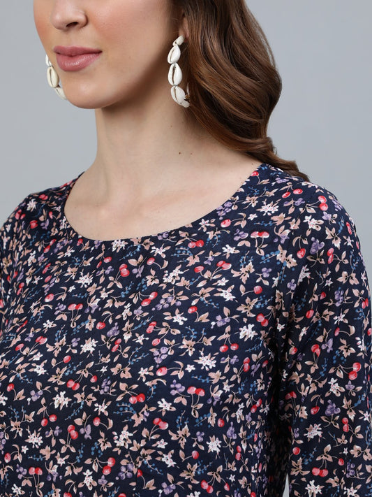 Women Blue Floral Printed Maxi Dress With Three Quarter Sleeves | LASVINI - Redefining Indian Fashion with Elegance