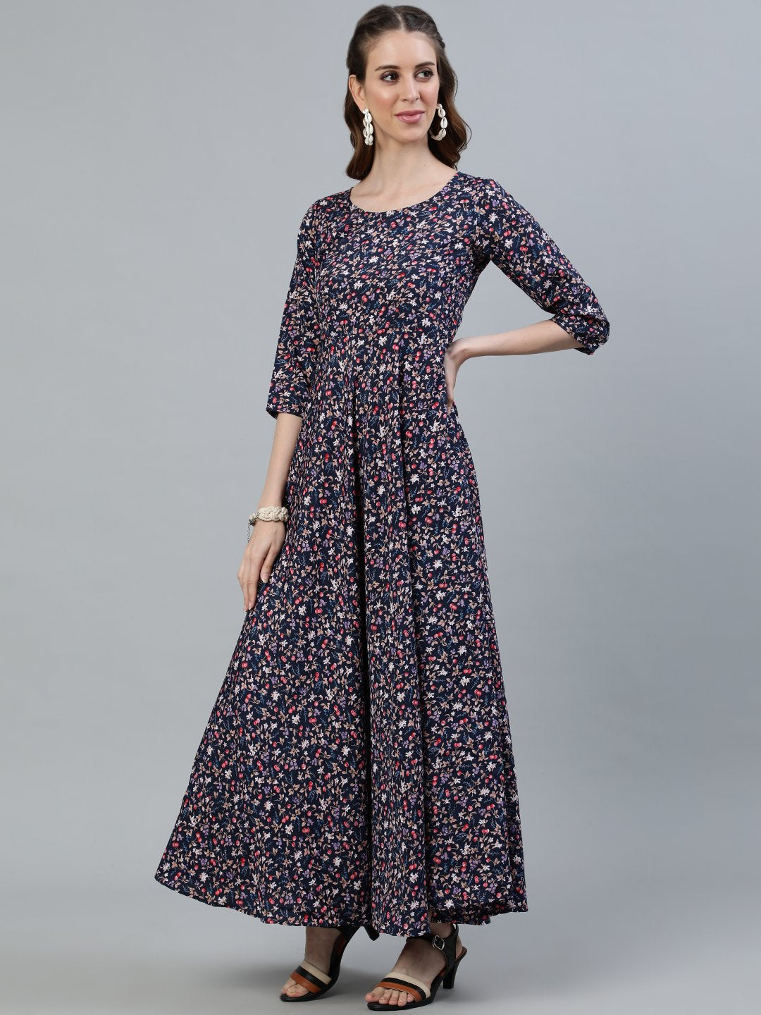 Women Blue Floral Printed Maxi Dress With Three Quarter Sleeves | LASVINI - Redefining Indian Fashion with Elegance